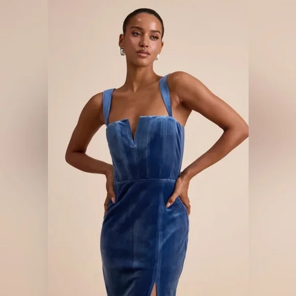 Lulu's NWT Pristine Luxury Blue Velvet Bustier Maxi Dress - Picture 5 of 13